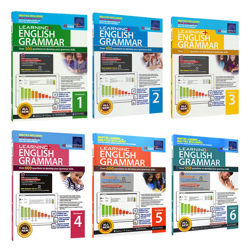 Set of 6 English Grammar Books for Children 3-12 Years - Interactive Learning Exercise Notebooks