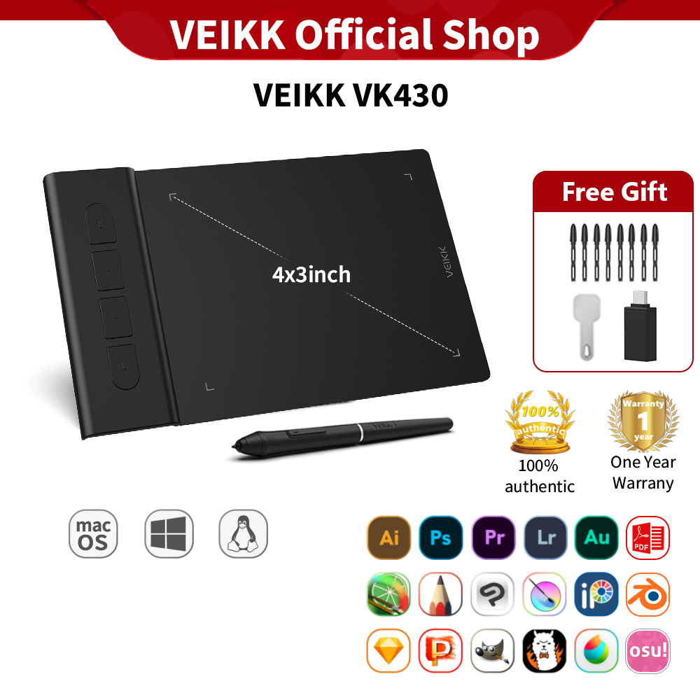 VEIKK VK430 เมาส์ปากกา 4X3นิ้ว,พกพาได้บางเฉียบ OSU! แท็บเล็ตวาดรูปดิจิตอลแท็บเล็ต,แท็บเล็ตวาดรูปดิจิตอลสไตลัสไร้แบตเตอรี่8192และคีย์ด่วนปรับแต่งได้4ปุ่มสำหรับ Windows, Mac