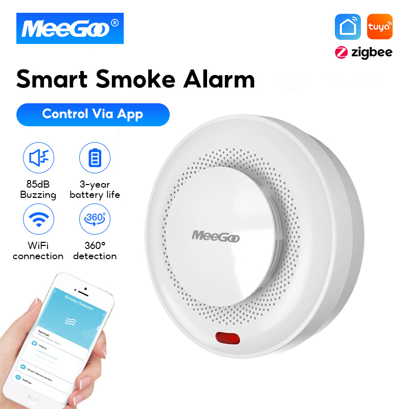 MeeGoo Tuya เครื่องตรวจจับควันไร้สาย เซ็นเซอร์ตรวจจับควันแบบเสียงและแสง Smart Wireless Home Fire เครื่องตรวจจับก๊าซ CO2 แบบมีสัญญาณเตือนภัย Tuya WiFi