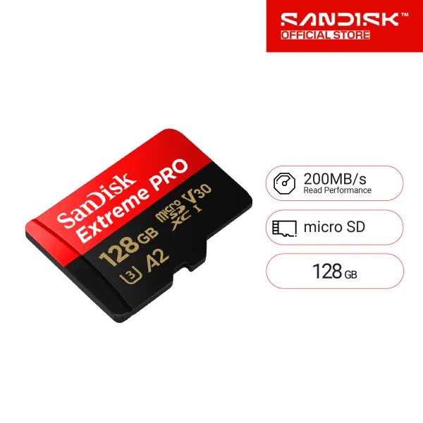 SanDisk Extreme Pro microSDXC, 128GB SQXCD, V30, U3, C10, A2, UHS-I, 200MB/s R, 90MB/s With Adaptor ( SDSQXCD-128G-GN6MA ) ( เมมโมรี่การ์ด ไมโครเอสดี การ์ด )