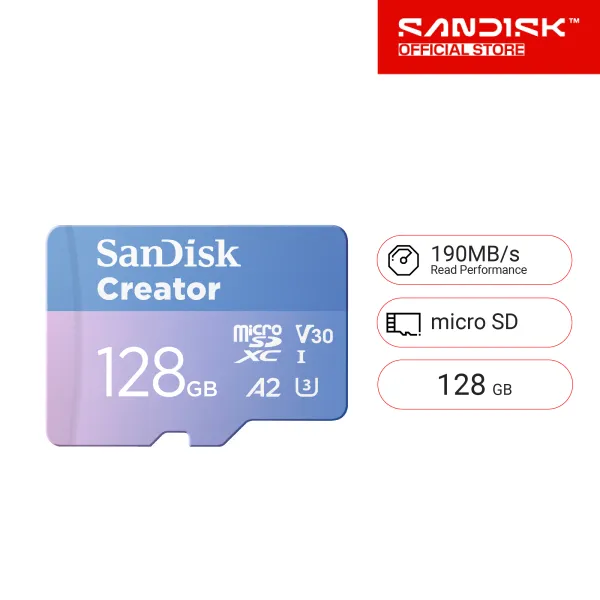 SanDisk Creator Extreme Micro SD Card SDSQXAA, 128GB, C10,UHS-I,U3,V30,A2, R/W Speed 190/90MB/s, (SDSQXAA-128G-GN6MS)