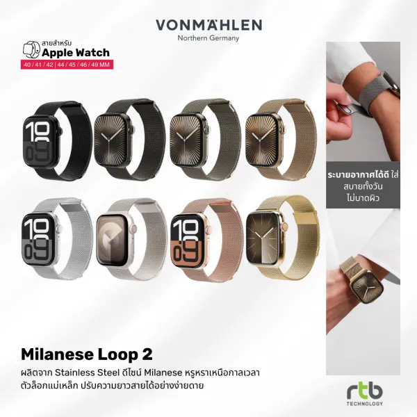 VONMAEHLEN Milanese Loop 2 สาย สำหรับ Apple Watch (40/41/42mm - 44/45/46/49mm) สายนาฬิกา