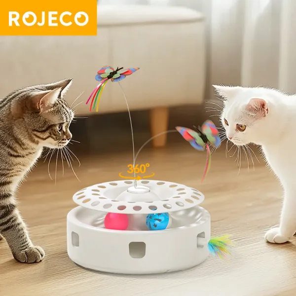 ROJECO ของเล่นแมวอัตโนมัติ3 In 1ลูกแมวไร้สายของเล่นกับแมวติดของเล่นผีเสื้อขนนกของเล่นสำหรับสัตว์เลี้ยงปรับลูกบอลติดตามได้