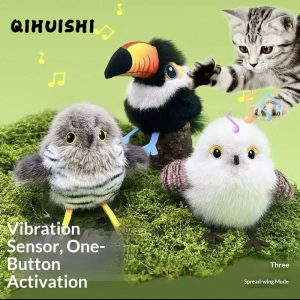 QIHUISHI ของเล่นสำหรับแมวนกกระพือปีกไฟฟ้าแบบตุ๊กตาแบบโต้ตอบพร้อมเสียงและการเคลื่อนไหวอัตโนมัติเพื่อความบันเทิงสำหรับสัตว์เลี้ยง